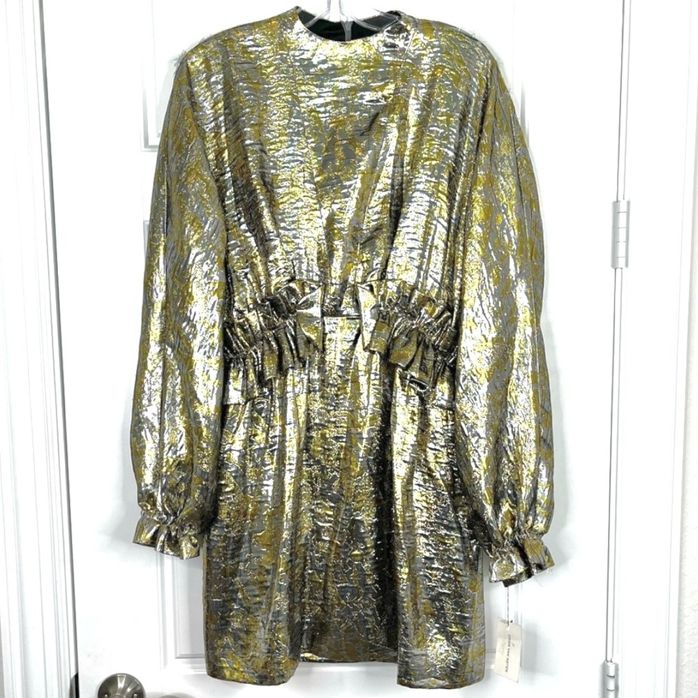 DRIES VAN NOTEN Ruffle Trimmed Metallic Silk Blend Brocade Dress NEW Silver Gold - Picture 2 of 15